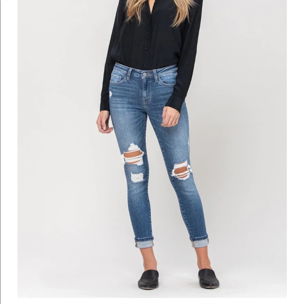 Flying Monkey Women's Mid Rise Distressed Cuffed Skinny Crop Jeans